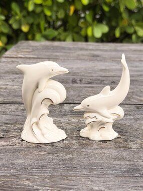 Lenox Dancing Dolphins Collection Set of 2 Ivory Gold Figurine 24K Gold Trim COA
